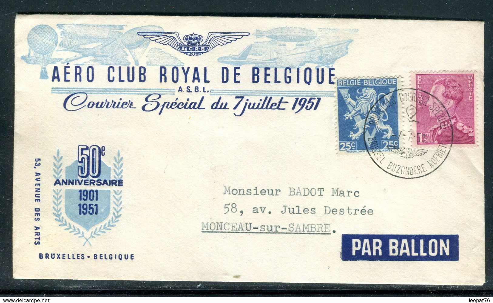 Belgique - Enveloppe "  Courrier Spécial Du 7 Juillet 1951 ", De Bruxelles Par Ballon, Vignette Au Dos  - O 8 - Cartas & Documentos