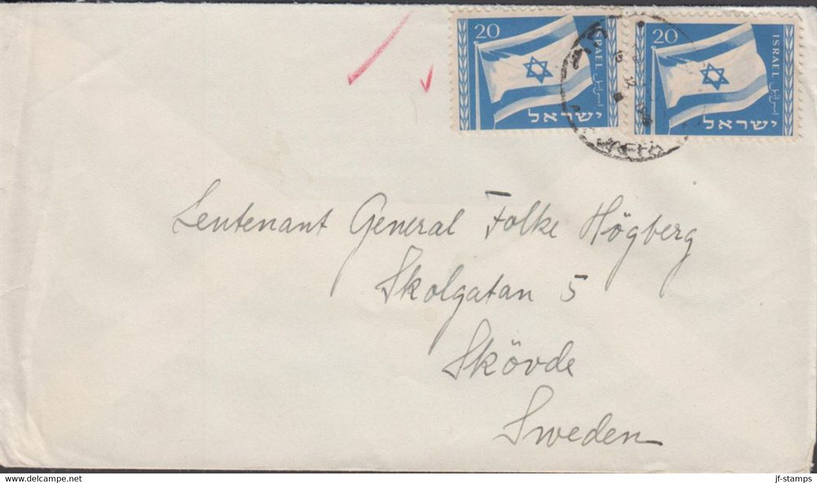 1949. ISRAEL. 2 Ex 20 Pr. Flag On Cover To Leutenant General Folke Högberg, Sweden Cancelled H... (Michel 16) - JF433318 - Sonstige & Ohne Zuordnung