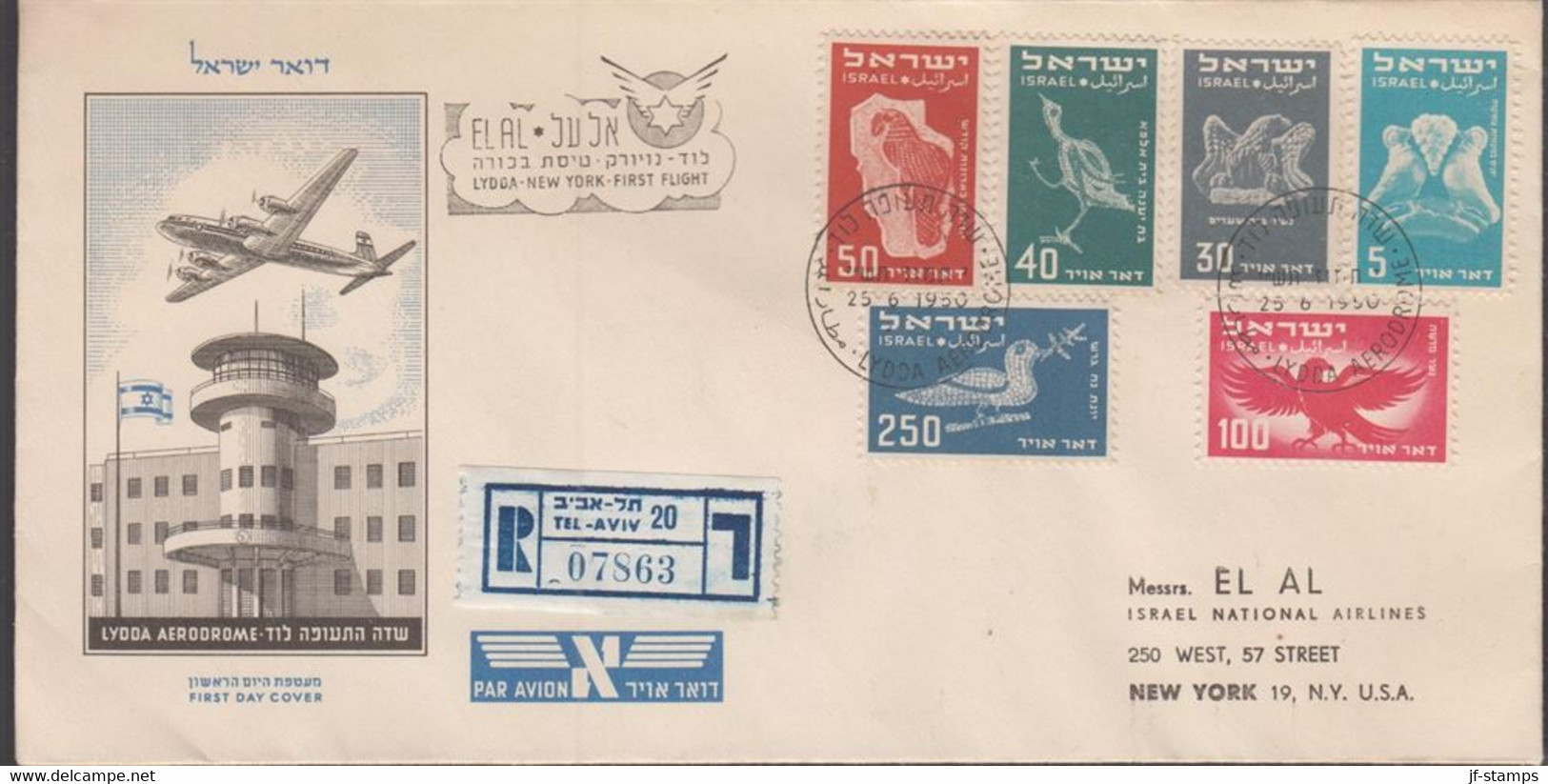 1950. ISRAEL. Birds Complete Set AIR MAIL On FDC Cancelled First Day Of Issue 25 6 1950 LYD... (Michel 33-38) - JF433323 - Andere & Zonder Classificatie