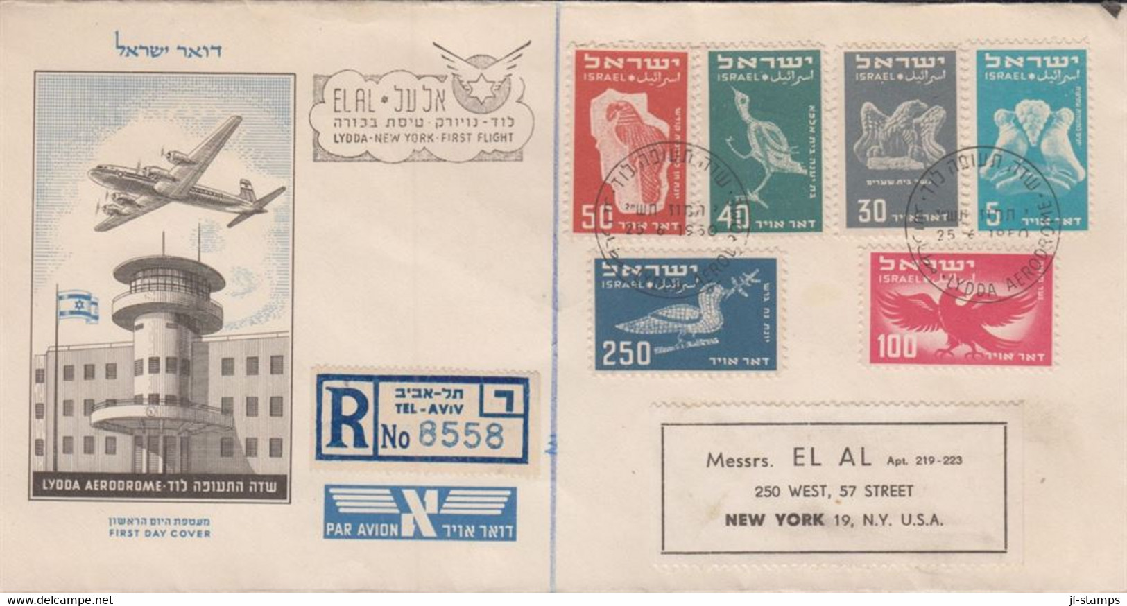 1950. ISRAEL. Birds Complete Set AIR MAIL On FDC Cancelled First Day Of Issue 25 6 1950 LYD... (Michel 33-38) - JF433324 - Andere & Zonder Classificatie