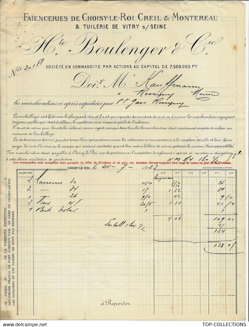 1923 FAIENCERIES CHOISY LE ROI  CREIL & MONTEREAU & Tuilerie De Vitry Sur Seine Boulenger => Kauffmann à Revigny Meuse - 1900 – 1949