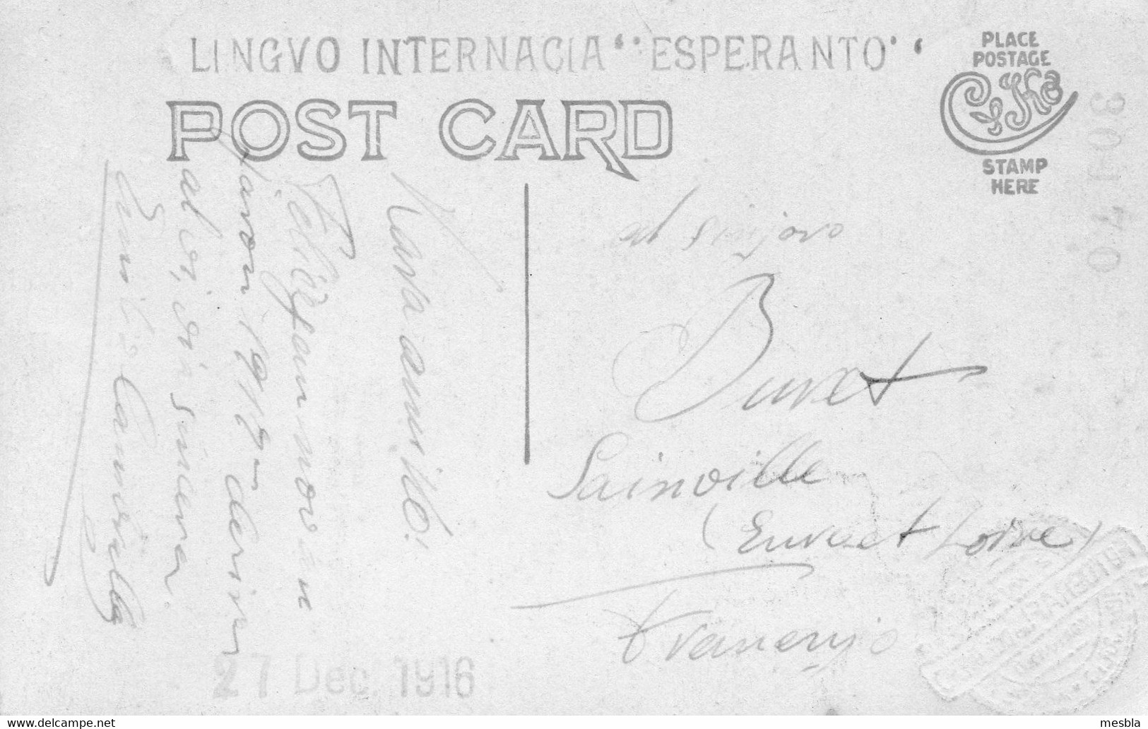 Carte - Photo -  LINGVO  INTERNACIA  " ESPERANTO" - Fotografi  MONTEVIDEO -  Dest : Mr Buret à Sainville - Dec 1916 - Esperanto