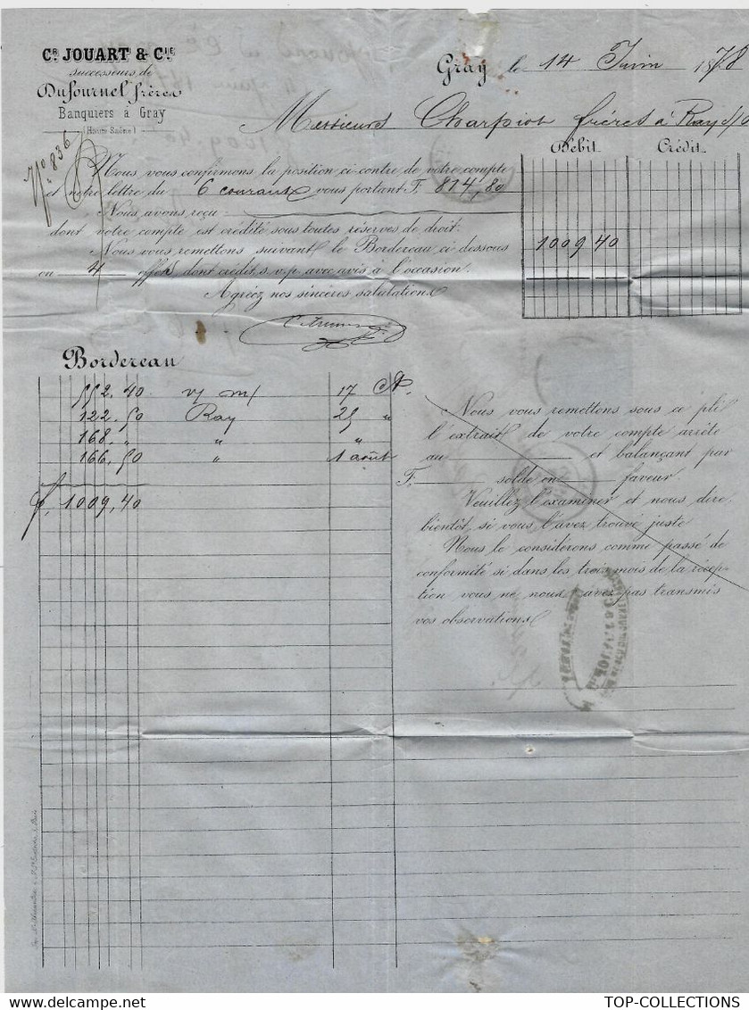 1878 JOUART Succ. De Dufournel Fr. Banque à Gray Haute Saone Pour Charpiot Fr. à Ray Sur Saône Haute Saône - 1800 – 1899