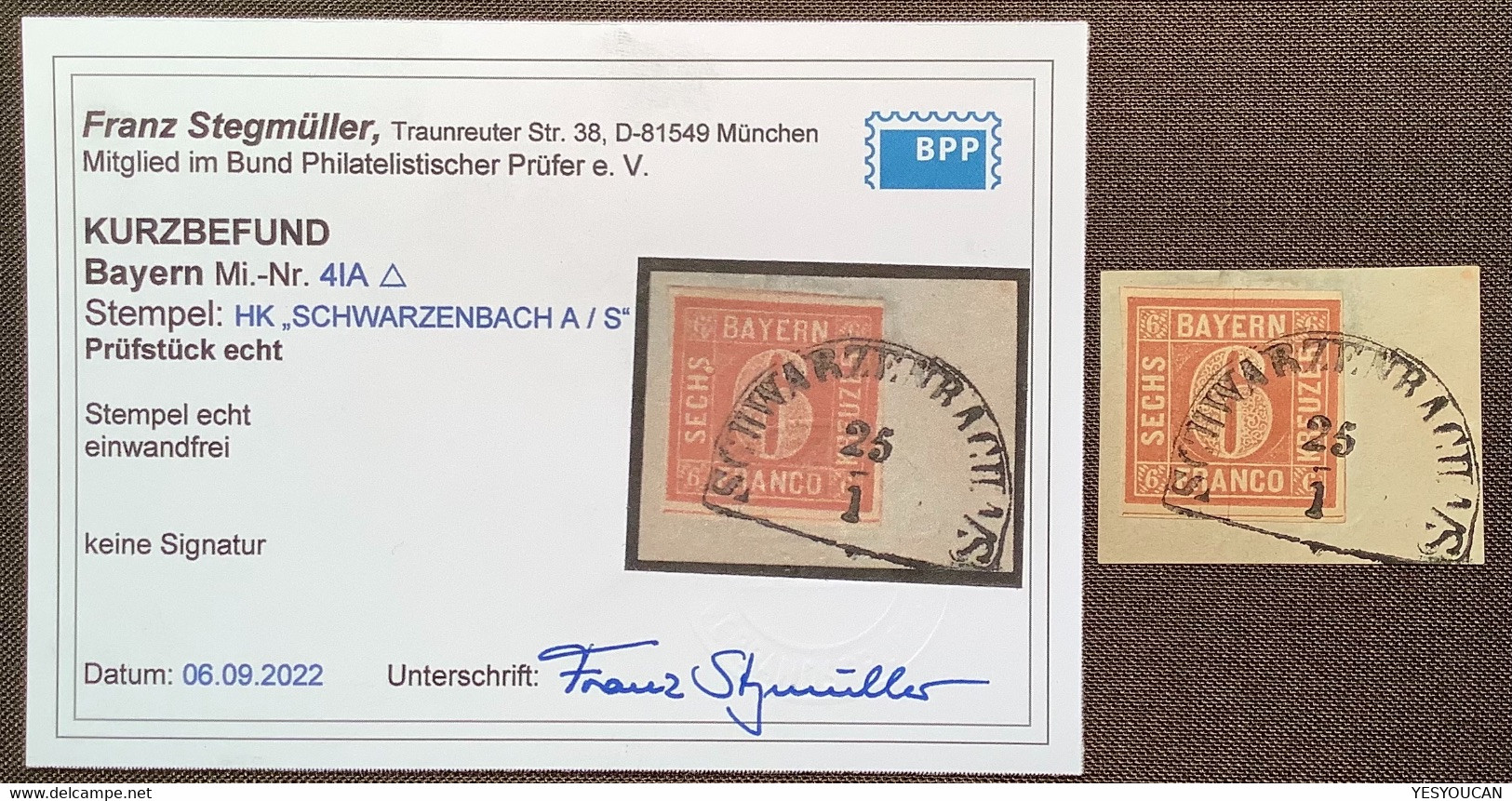 Mi 4 IA ! GUTE TYPE Geprüft KB Stegmüller BPP Bayern 1849 6 Kr Stpl SCHWARZENBACH A/S  (Oberfranken - Oblitérés