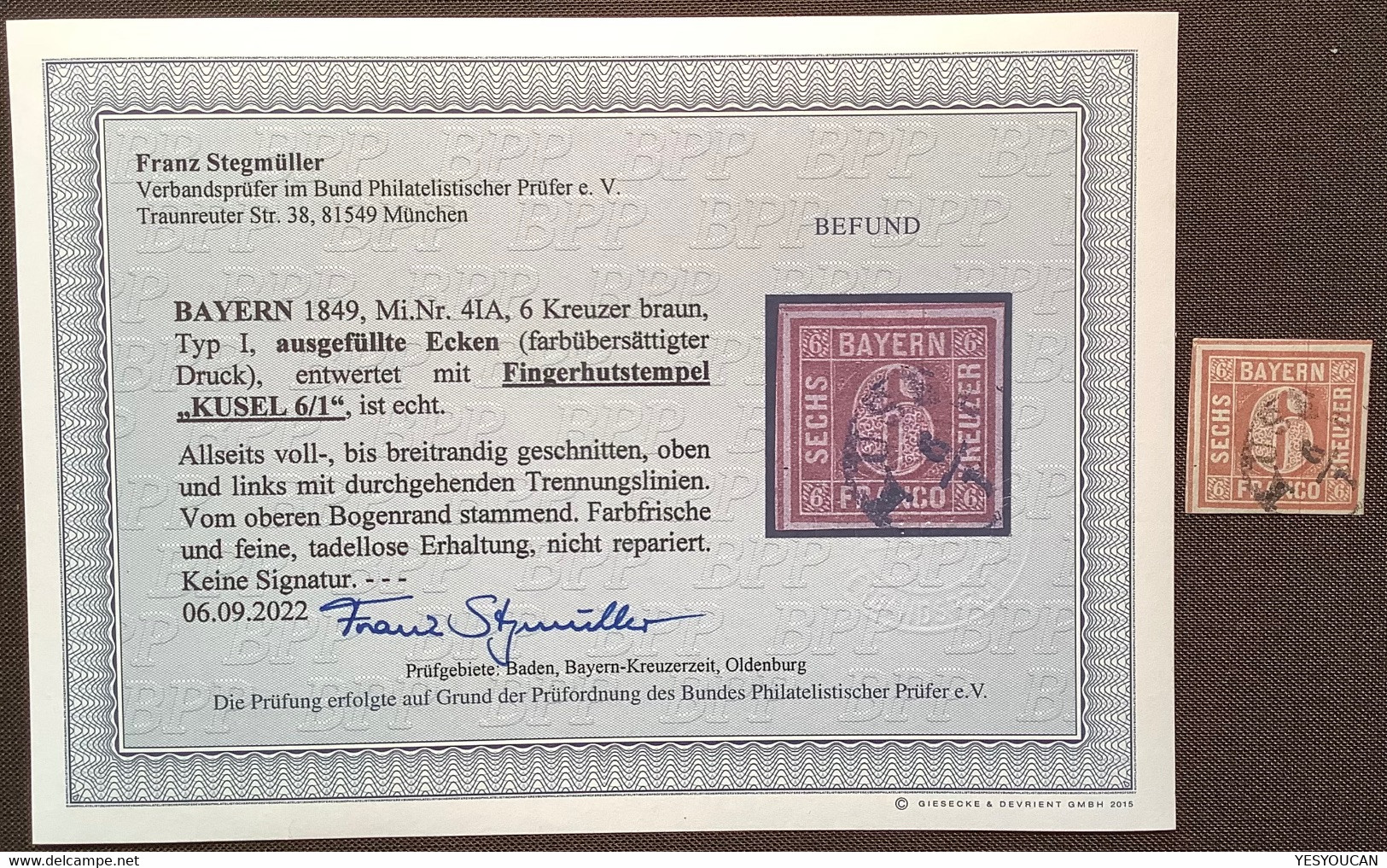 Mi 4 IA ! GUTE TYPE & STEMPEL Befund Stegmüller BPP Bayern 1849 6 Kr Seltener Fingerhutstempel KUSEL (Pfalz - Used