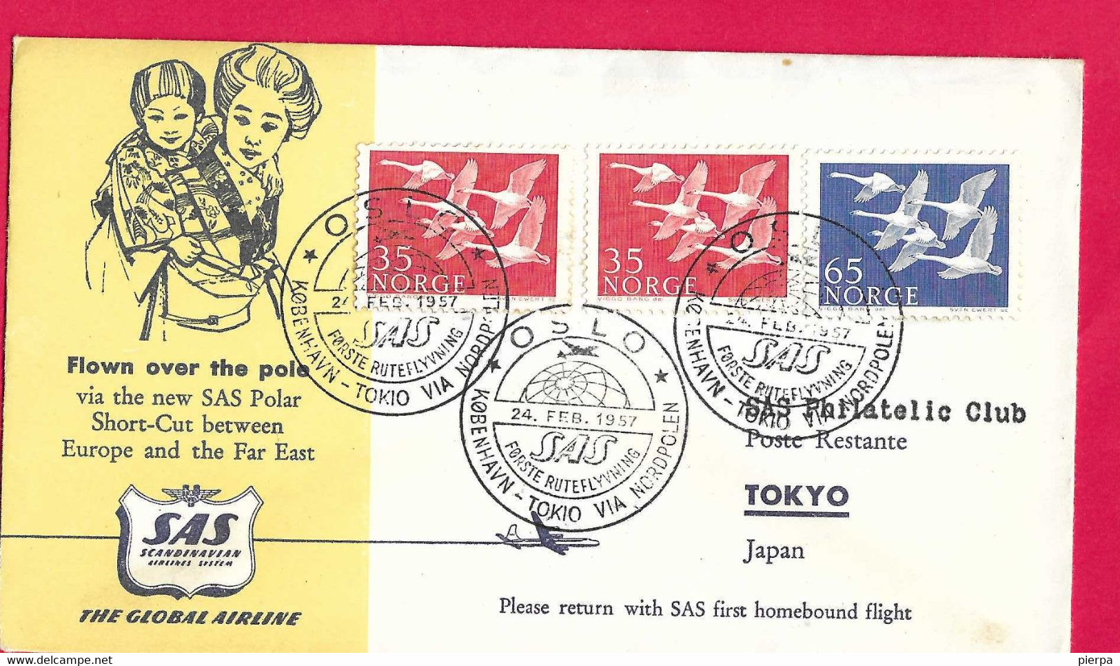 NORVEGIA - FIRST POLAR FLIGHT SAS FROM OSLO TO TOKYO * 24.FEB.1957* SU BUSTA UFFICIALE - Storia Postale