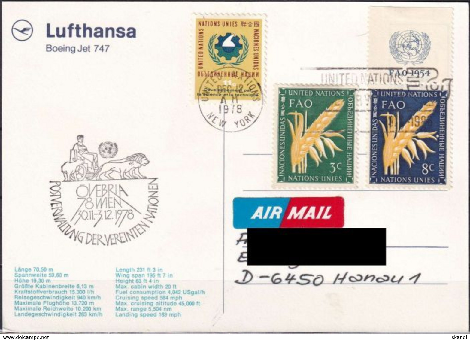 UNO NEW YORK 1978 Postkarte Ovebria78 Lufthansa Boeing 747 - Briefe U. Dokumente