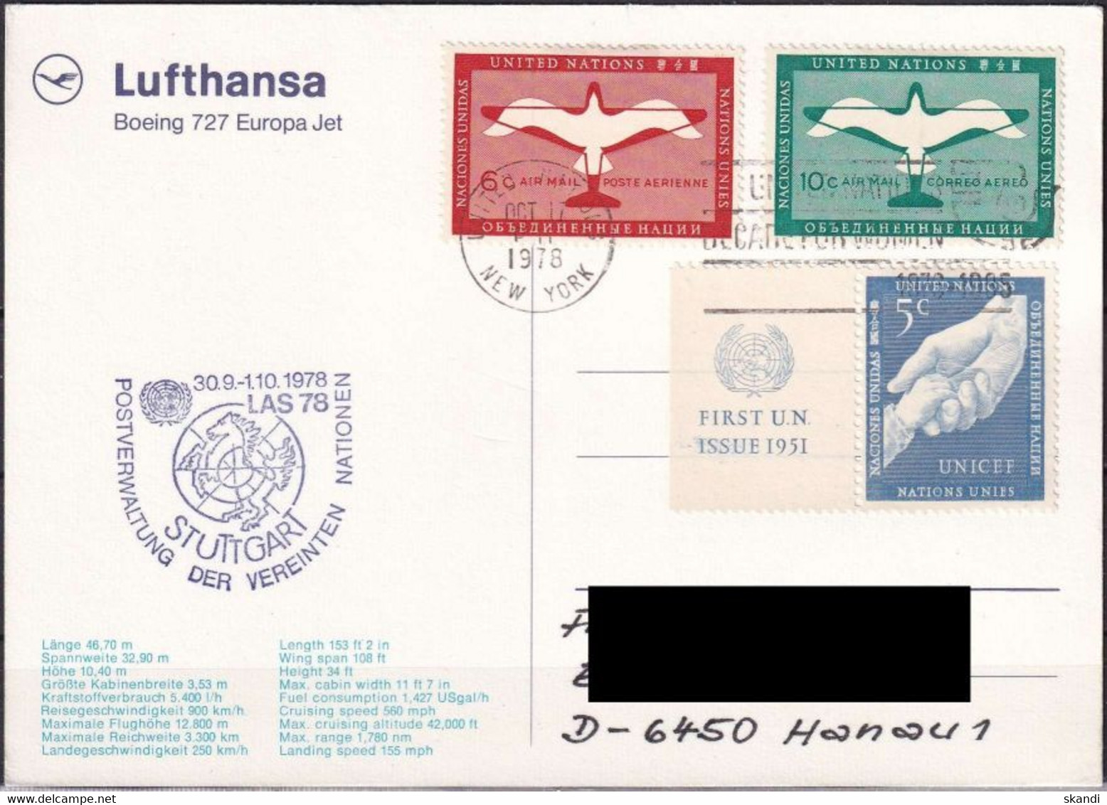 UNO NEW YORK 1978 Postkarte Stuttgart78 Lufthansa Boeing 727 - Briefe U. Dokumente