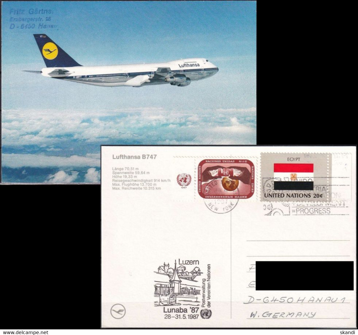 UNO NEW YORK 1987 Postkarte Lunaba'87 Lufthansa Boeing 747 - Briefe U. Dokumente