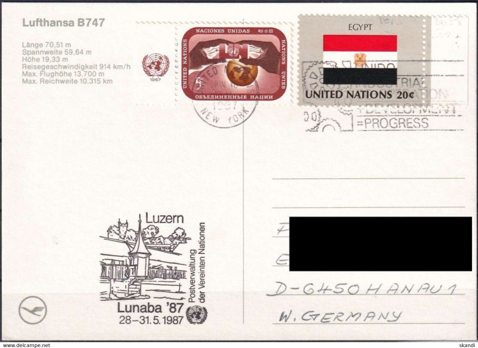 UNO NEW YORK 1987 Postkarte Lunaba'87 Lufthansa Boeing 747 - Cartas & Documentos