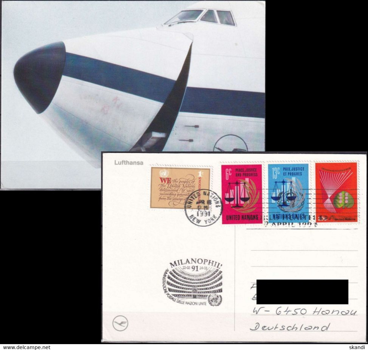 UNO NEW YORK 1991 Postkarte Milanophil'91 Lufthansa - Brieven En Documenten