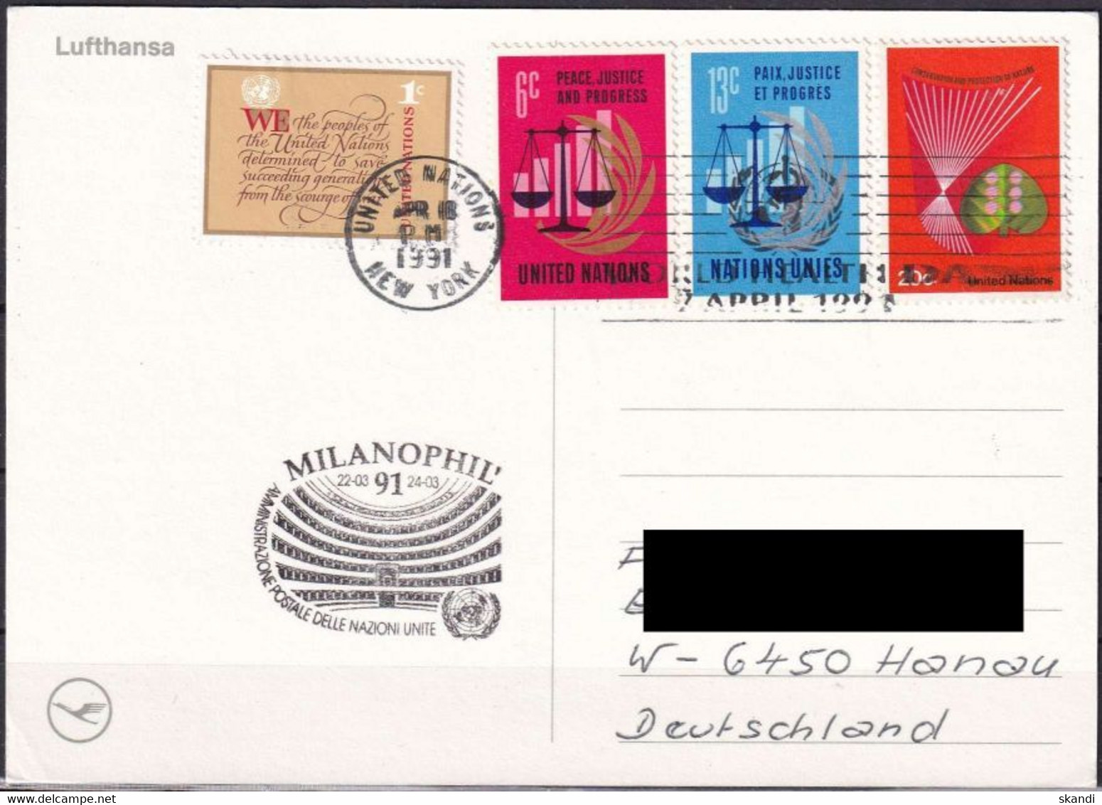 UNO NEW YORK 1991 Postkarte Milanophil'91 Lufthansa - Lettres & Documents