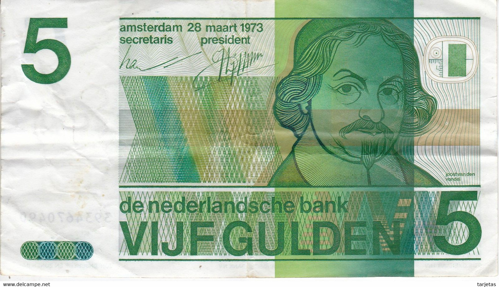 BILLETE DE HOLANDA DE 5 GULDEN DEL AÑO 1973  (BANKNOTE) VONDEL - 5 Florín Holandés (gulden)