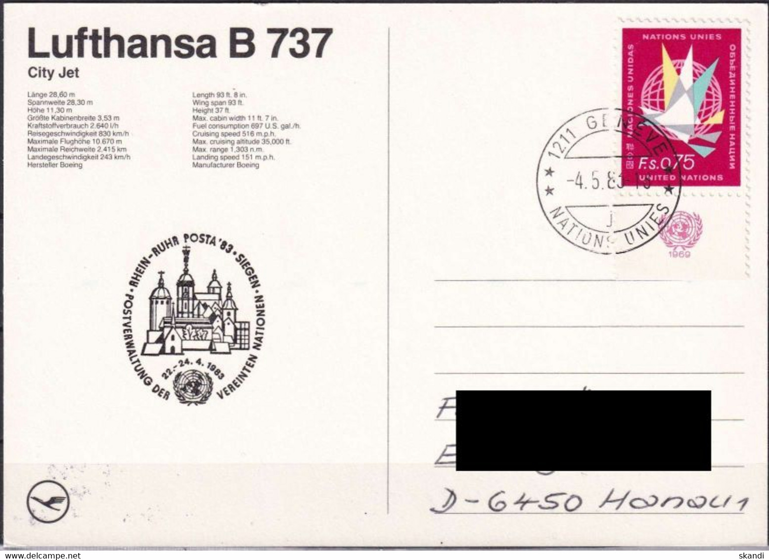 UNO GENF 1983 Postkarte Rhein-Ruhr Post'83 Lufthansa B737 - Storia Postale