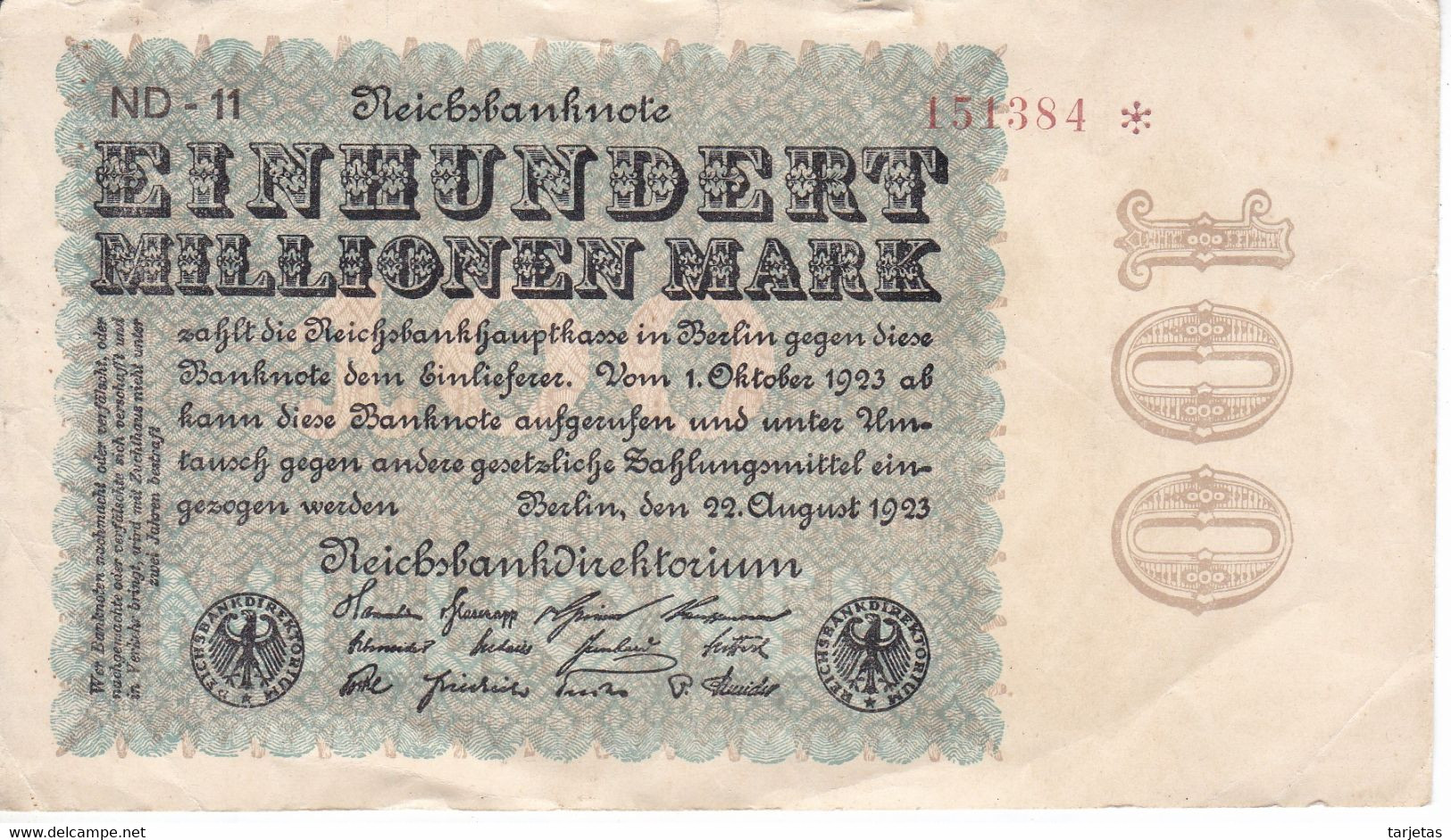 BILLETE DE ALEMANIA DE 100 MARK DEL AÑO 1923 (BANKNOTE) - 100 Miljoen Mark