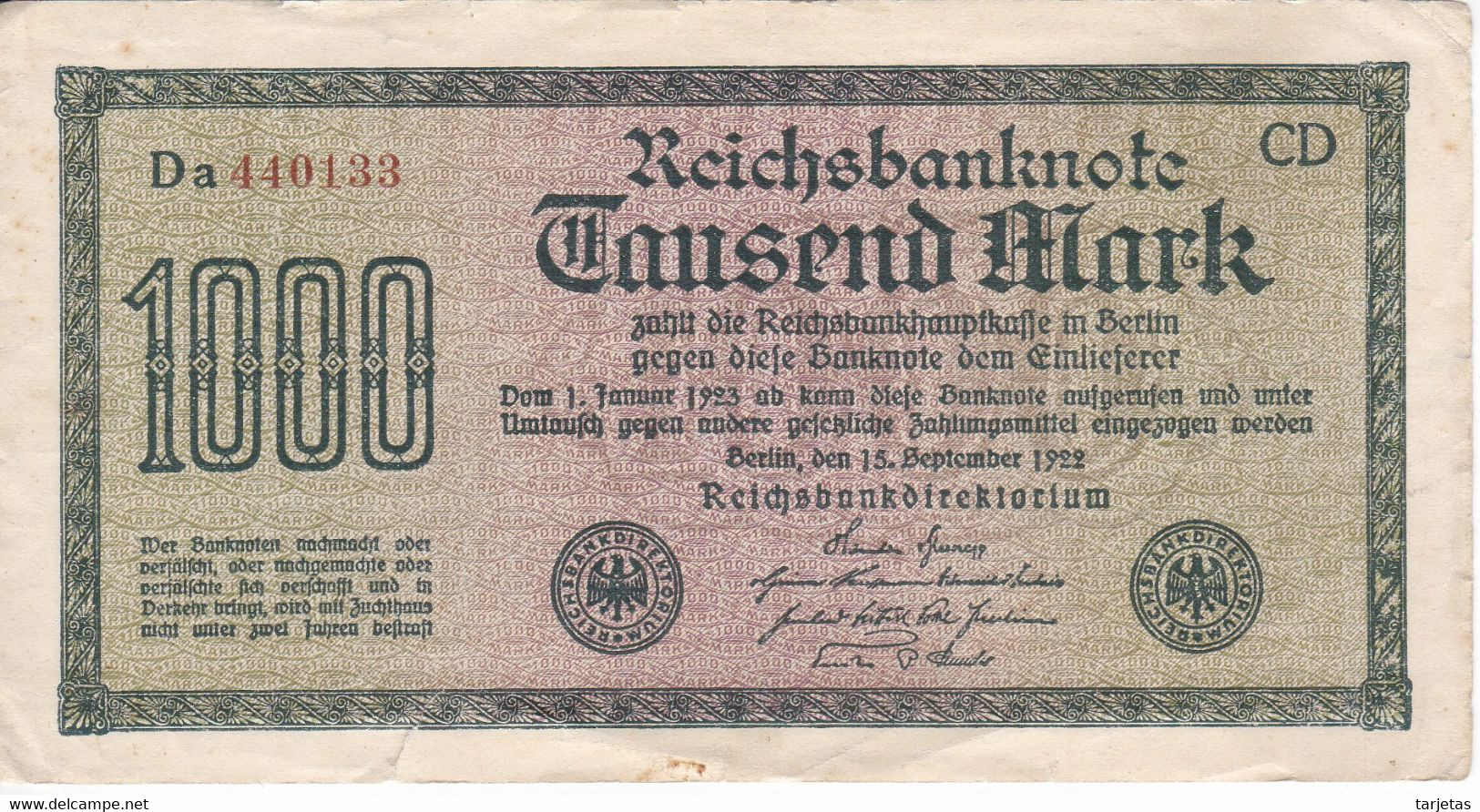 BILLETE DE ALEMANIA DE 1000 MARK DEL AÑO 1922 (BANKNOTE) - 1000 Mark