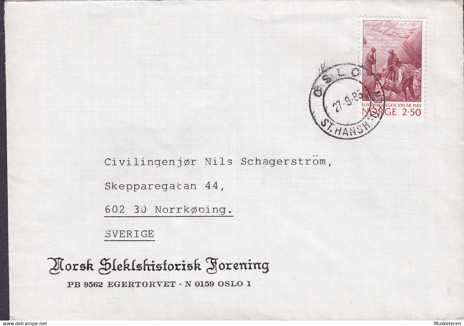 Norway NORSK SLEKTSHISTORISK FORENING, OSLO St. Hanshausen 1985 Cover Brief NORRKÖPING Sweden Elforsyningen 100 År - Covers & Documents