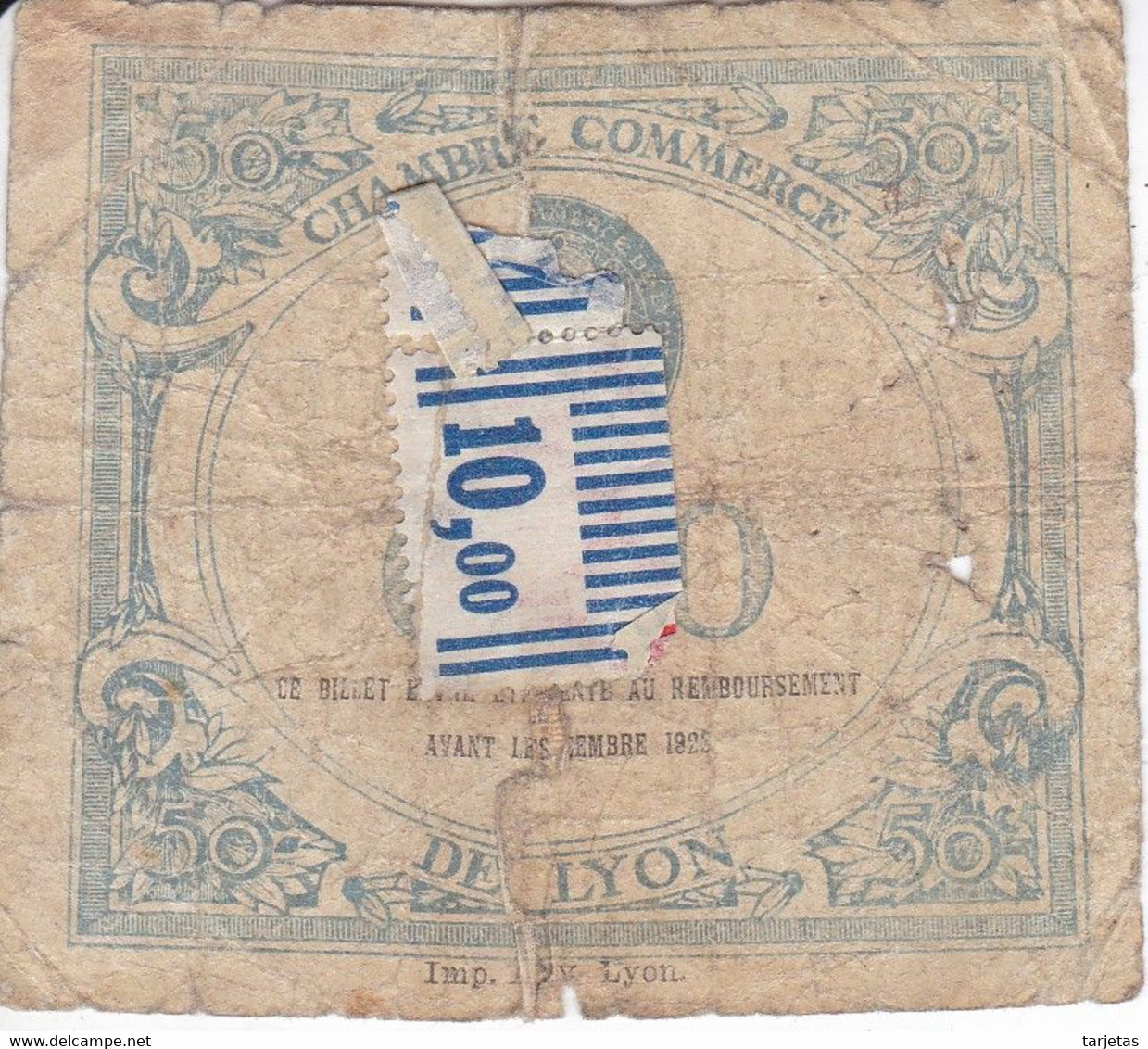 BILLETE DE FRANCIA DE 50 CENTIMES CHAMBRE COMMERCE DE LYON DEL AÑO 1920 (BANKNOTE) - Chambre De Commerce