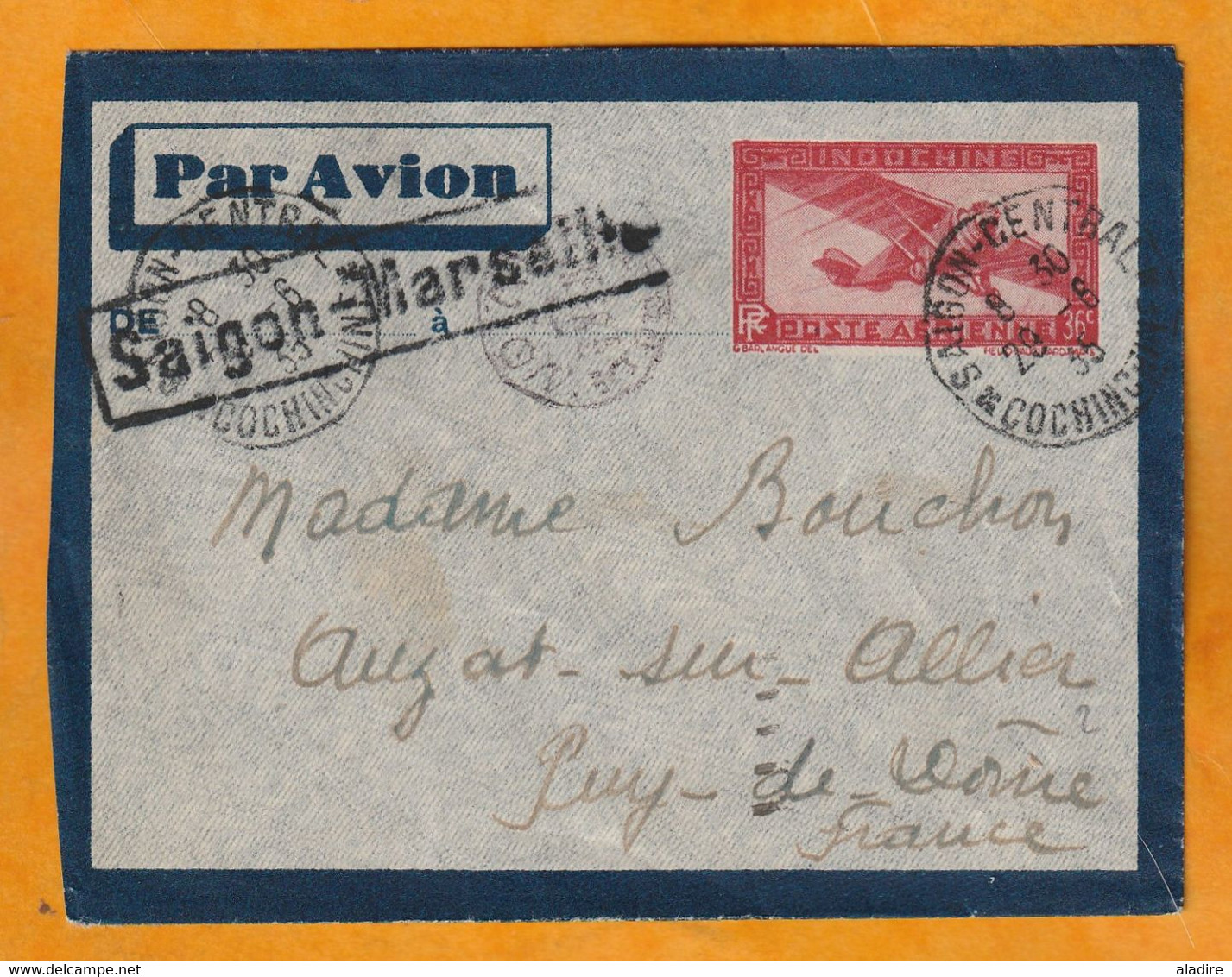 1935 - Entier Postal Enveloppe Par Avion 36 C De Saigon Central Vers Auzat Sur Allier - Cad Transit Et Arrivée - PA8 - Poste Aérienne