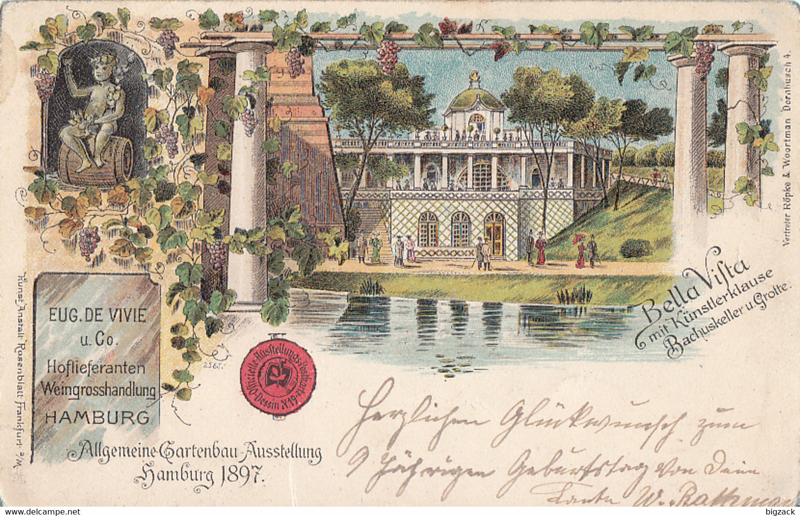Litho Allg. Gartenbau-Ausst. Hamburg 1897 Bella Vista Mit Künstlerklause Bachuskelleru. Grotte Gel. Bergedorf 24.8.00 - Bergedorf