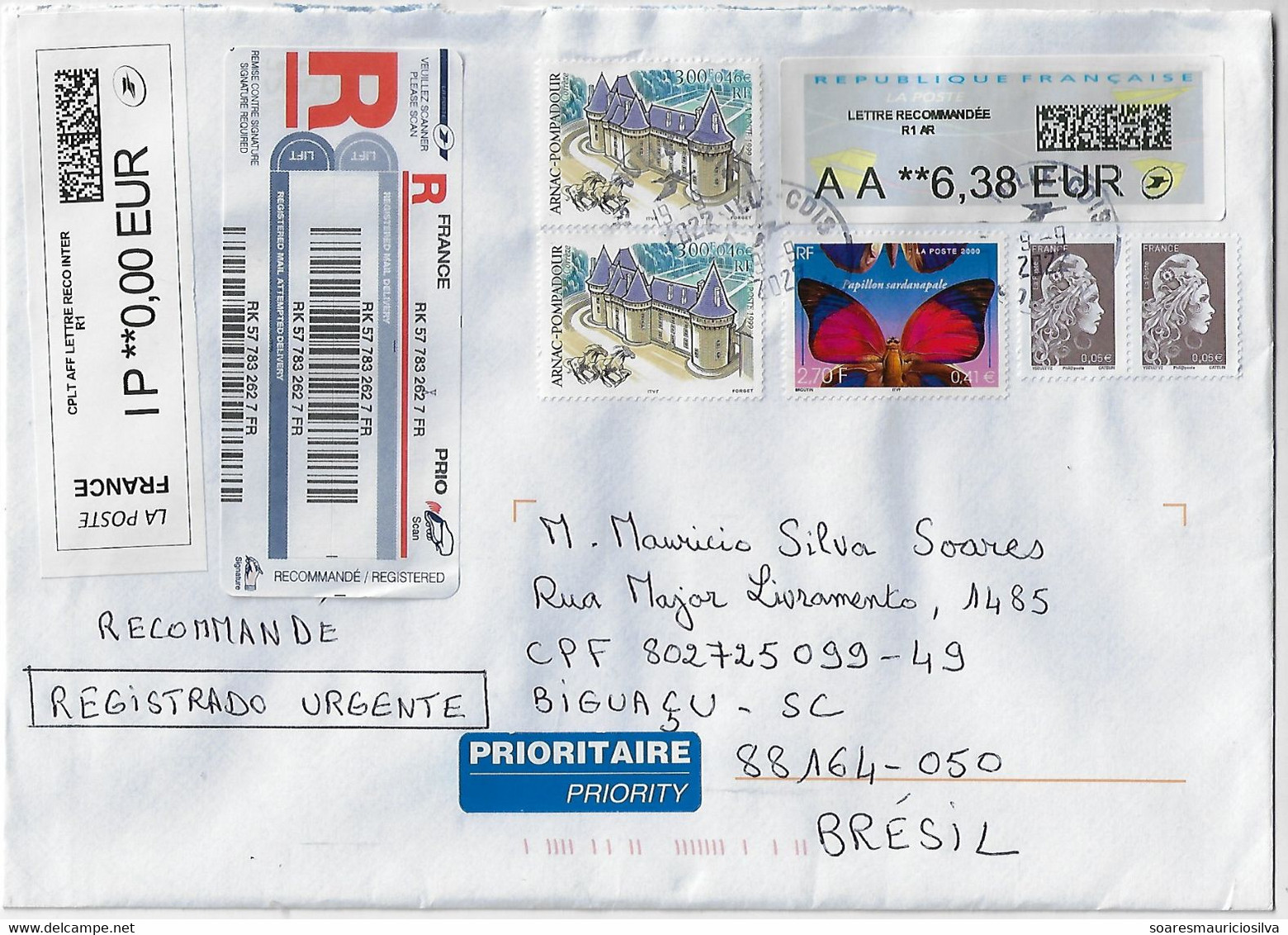France 2022 Barcode Registered Cover From Naves To Brazil Franking Label ATM Origami Paper Airplane Electronic Sorting - 2000 Type « Avions En Papier »