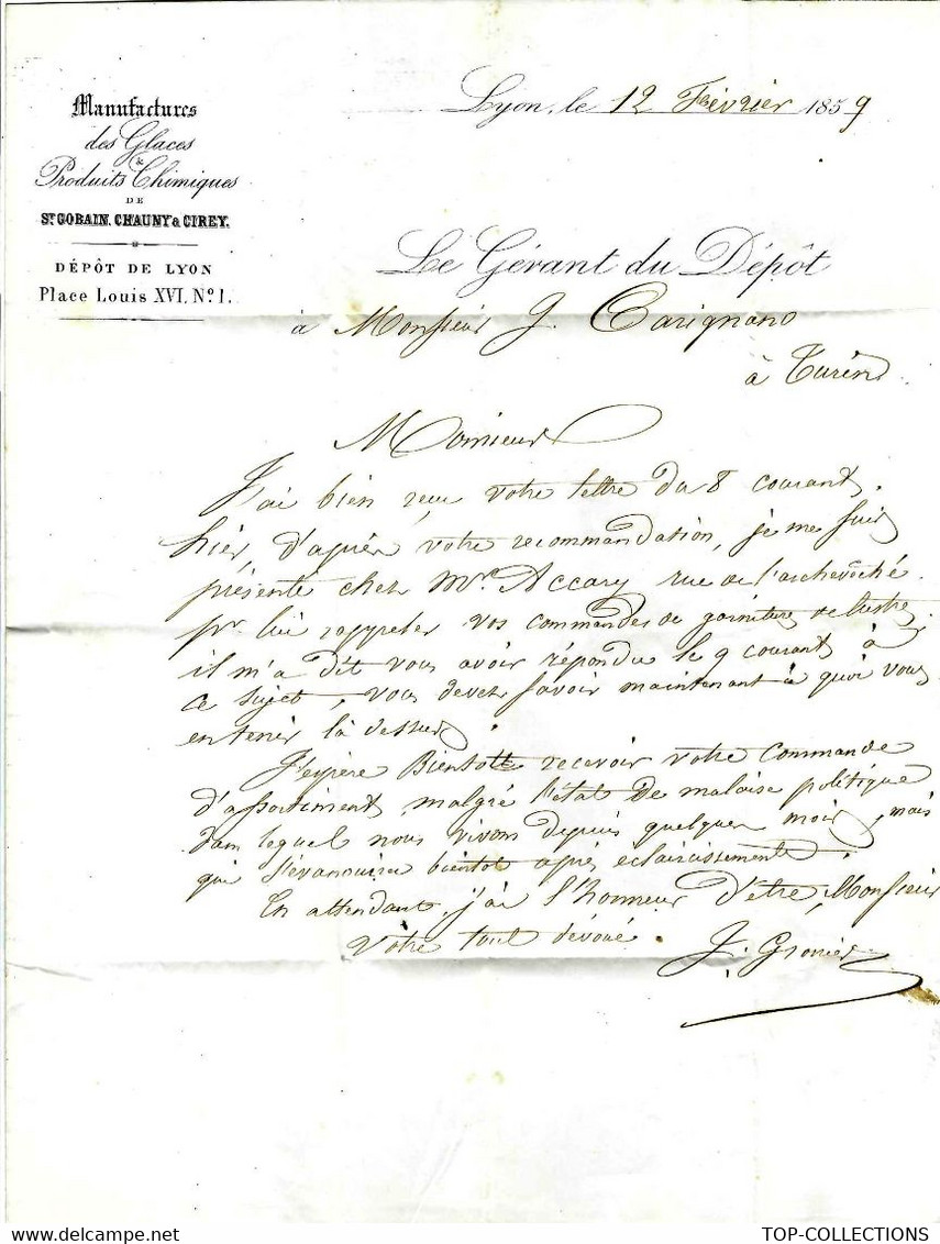 INDUSTRIE VERRERIE 1859 SUPERBE ENTETE MANUFACTURES GLACES ST GOBAIN CHAUNY ET CIREY Lyon Pour Carignano à Turin V.HIST. - 1800 – 1899