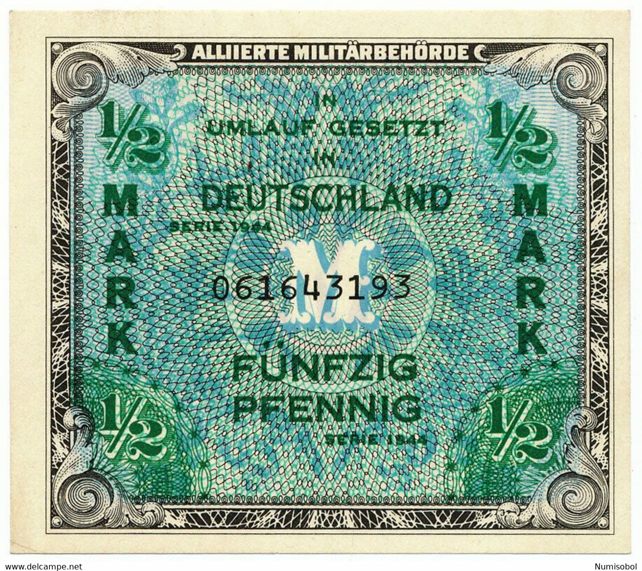 GERMANY, DEUTSCHLAND - 1/2 Mark US Print With F 1944. P191a Ro200a, UNC. (D035) - 1/2 Mark