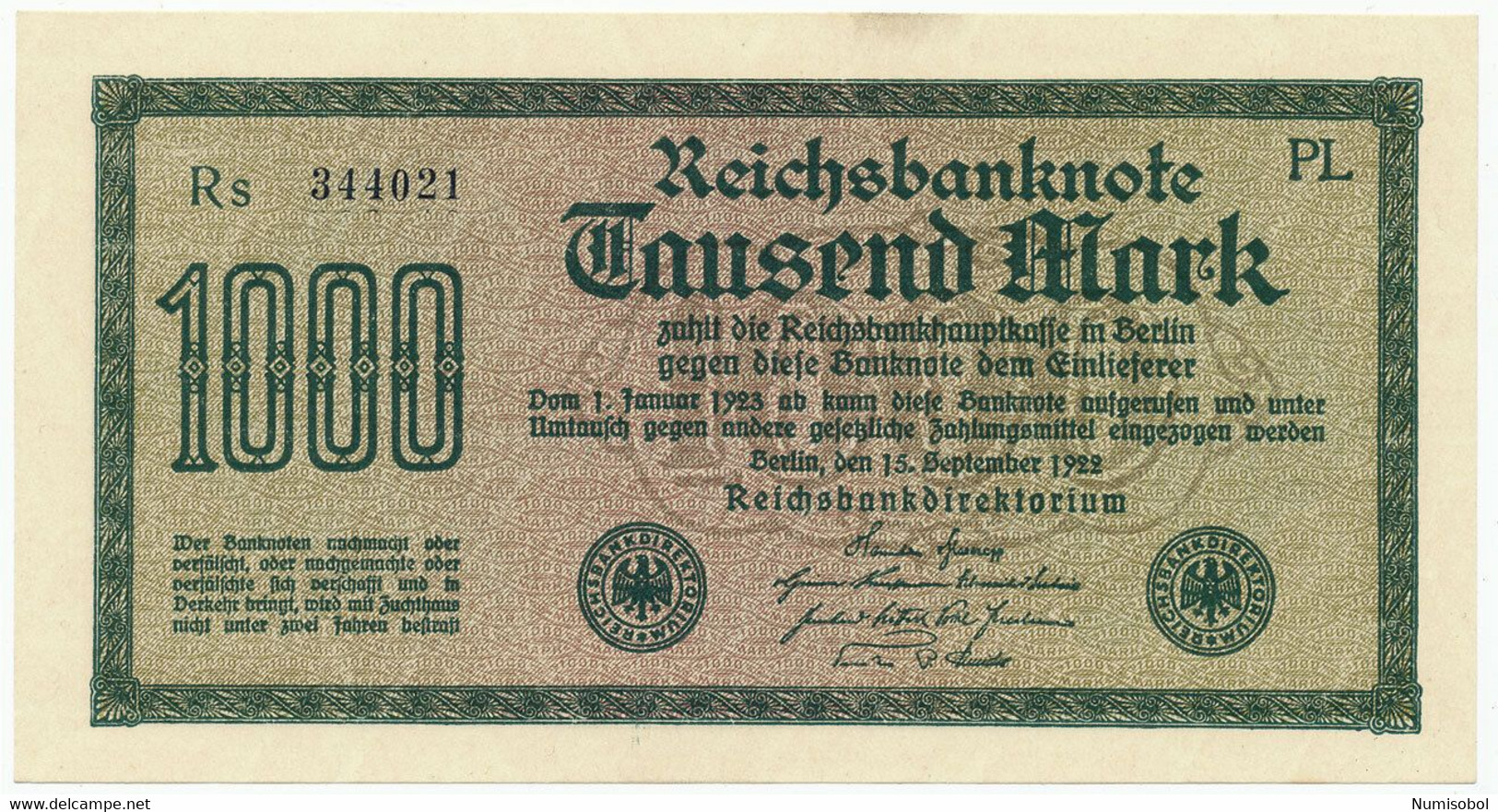 GERMANY, DEUTSCHLAND - 1000 Mark 15.9. 1922. P76 Ro75b, UNC. (D086) - 1000 Mark