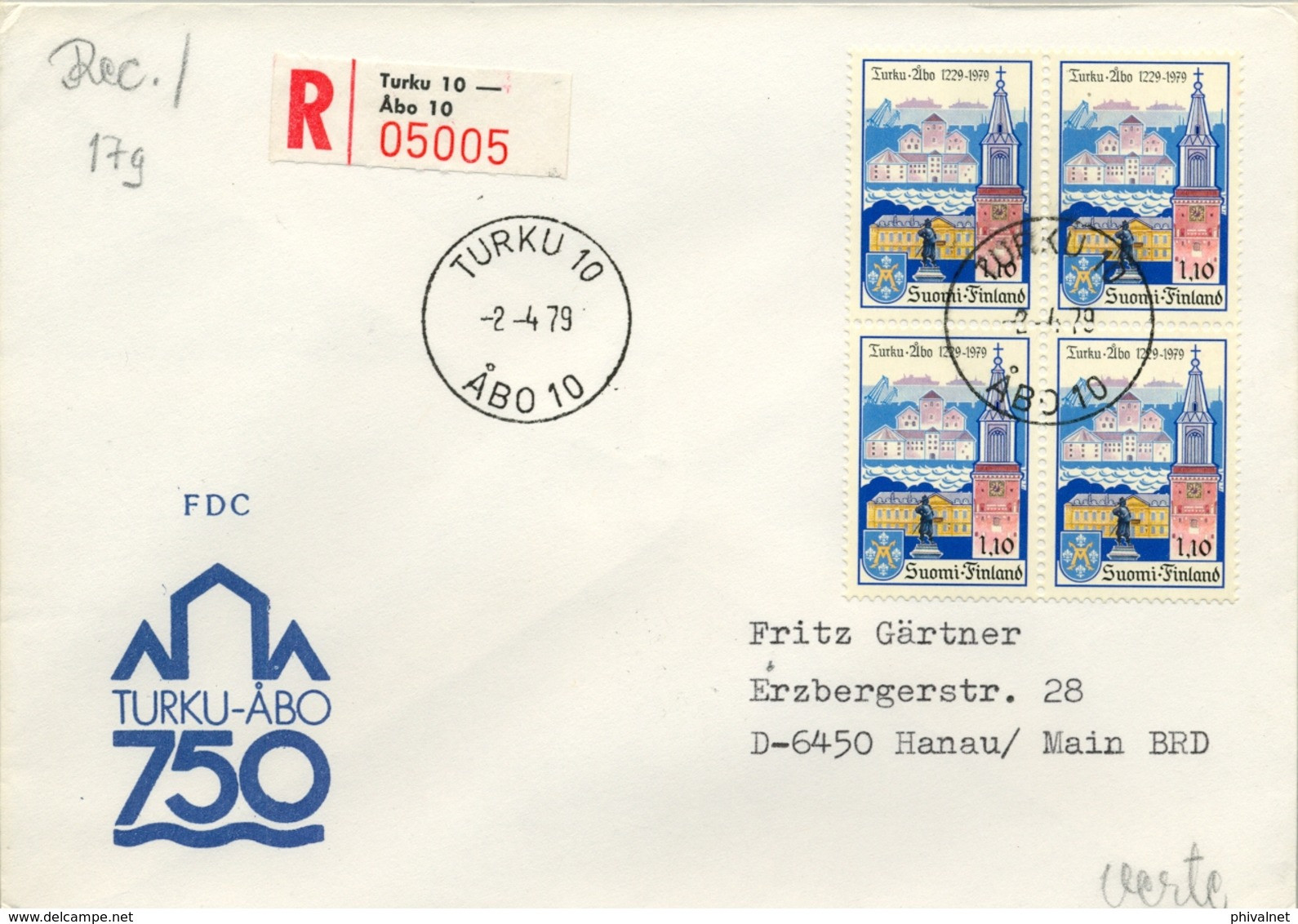 1979 , FINLANDIA , TURKU - HANAU , YV. 803 BL / 4 + 1 , 750º ANIVERSARIO DE LA VILLA DE TURKU - Storia Postale