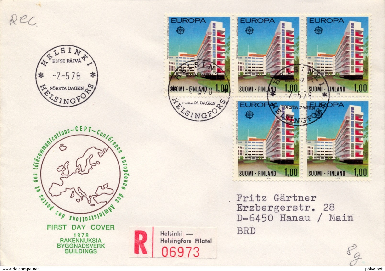 1978 , FINLANDIA , HELSINKI - HANAU , YV. 788 BL/4 + 1 , EUROPA , ARQUITECTURA , SANATORIO DE PAIMIO - Lettres & Documents