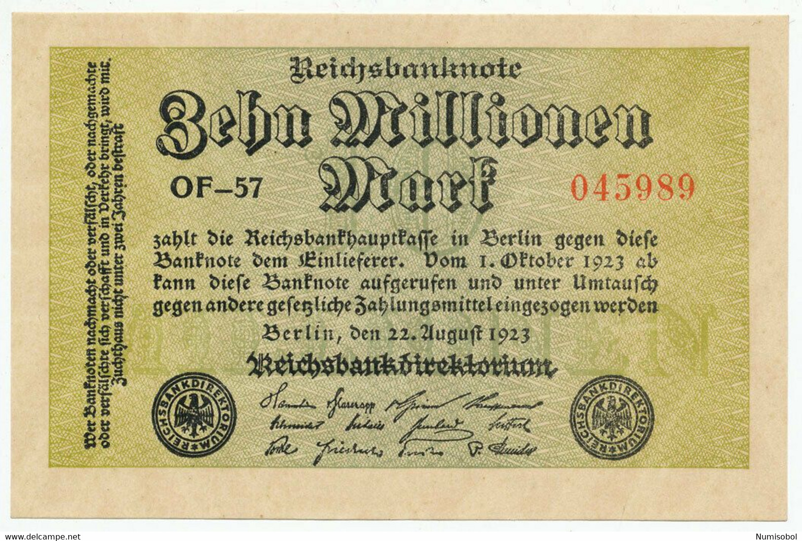 GERMANY - 10 Millionen Mark (with Hakensterne) 22. 8. 1923. P106, Ro105a, AUNC-UNC (D112) - 10 Miljoen Mark