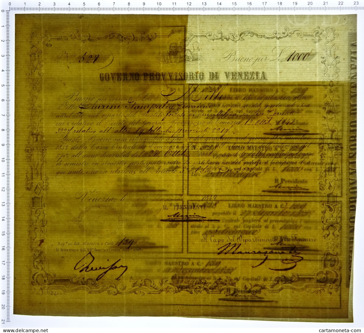 1000 LIRE GOVERNO PROVVISORIO DI VENEZIA PRESTITO FORZOSO 17/08/1849 QFDS - Other & Unclassified