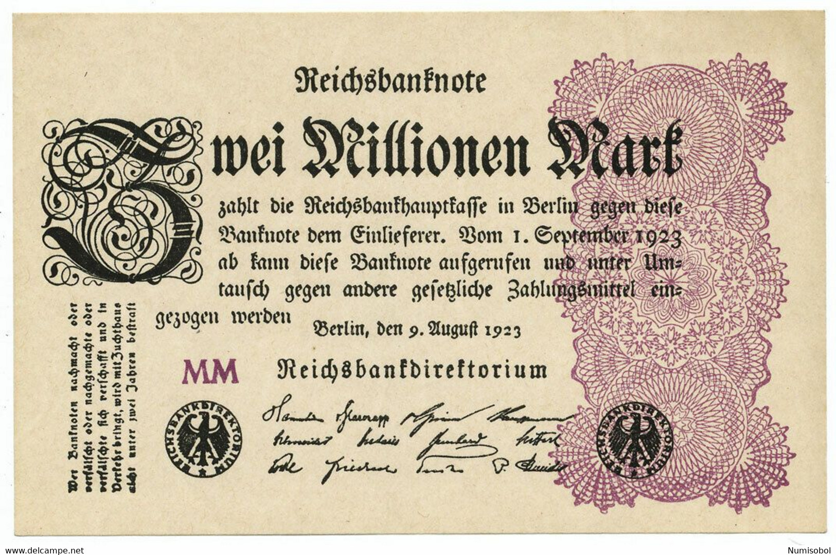 GERMANY, DEUTSCHLAND - 2 Millionen Mark 9.8.1923. P104, Ro103e, UNC (D211) - 2 Millionen Mark