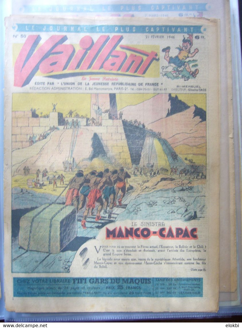 Très important lot des premiers numéros (années 1945 à 1950) de la revue Vaillant "Le journal le plus captivant"