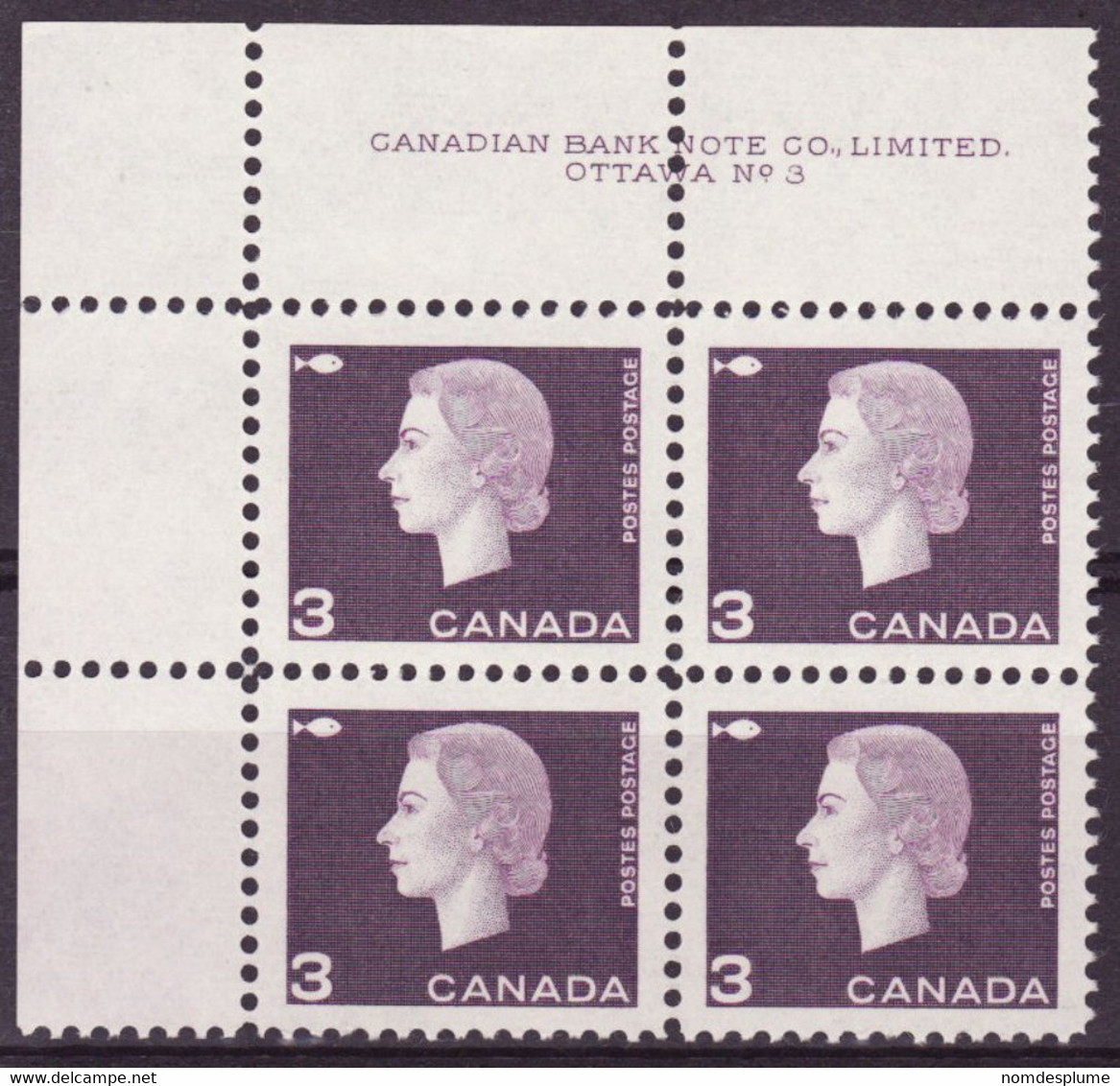 7903) Canada QE II Cameo Block Mint No Hinge Plate 3 - Plate Number & Inscriptions