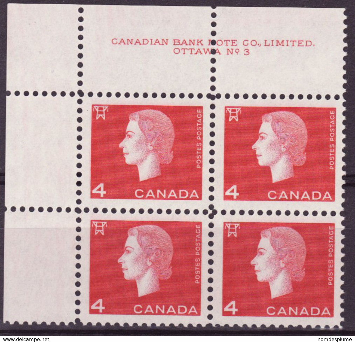 7907) Canada QE II Cameo Block Mint No Hinge Plate 3 - Plate Number & Inscriptions