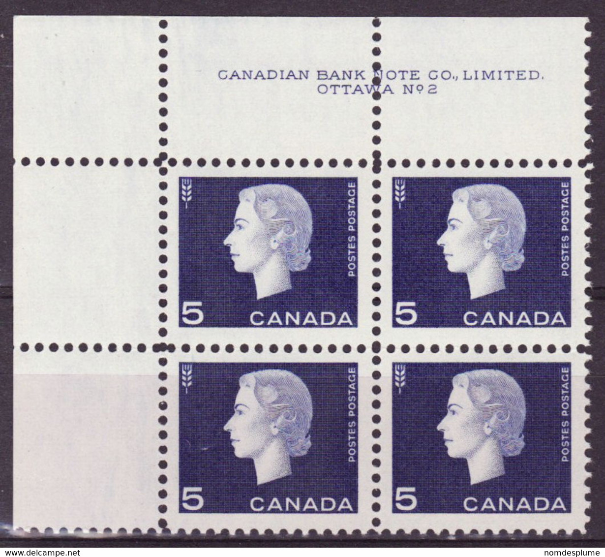 7909) Canada QE II Cameo Block Mint No Hinge Plate 2 - Plate Number & Inscriptions