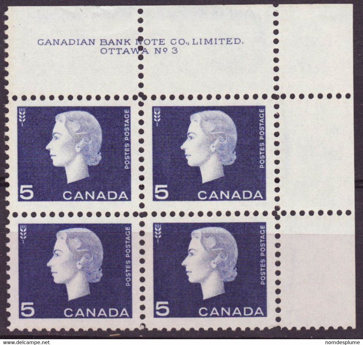 7912) Canada QE II Cameo Block Mint No Hinge Plate 3 - Plate Number & Inscriptions