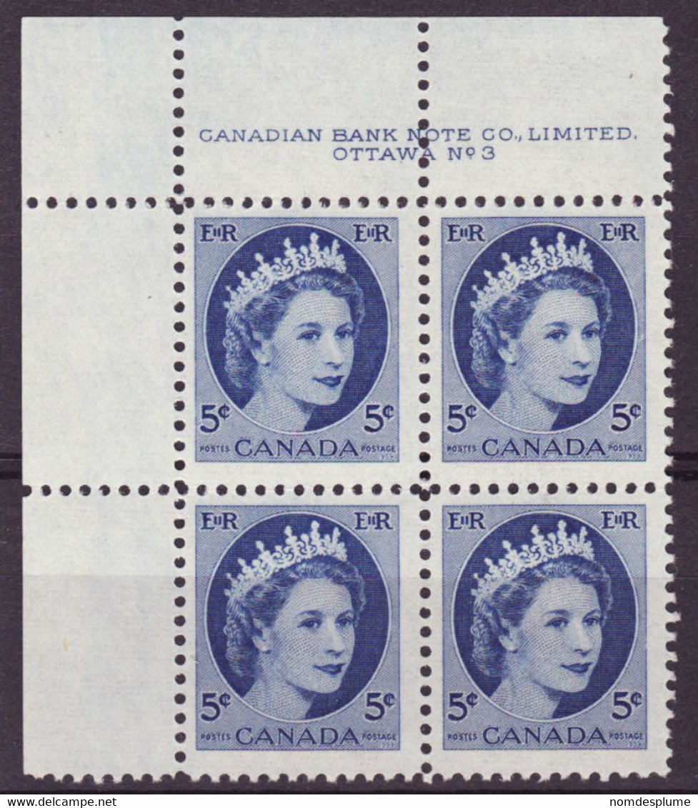 7921) Canada QE II Wilding Block Mint No Hinge Plate 3 - Plate Number & Inscriptions