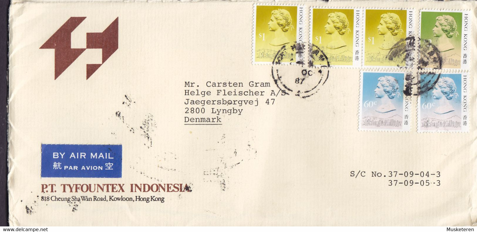 Hong Kong Air Mail Label P.T. TYFOUNTEX INDONISIA HONG KONG 1987 Cover Brief LYNGBY Denmark 3x $1, $2, & 2x 60c. QEII - Lettres & Documents