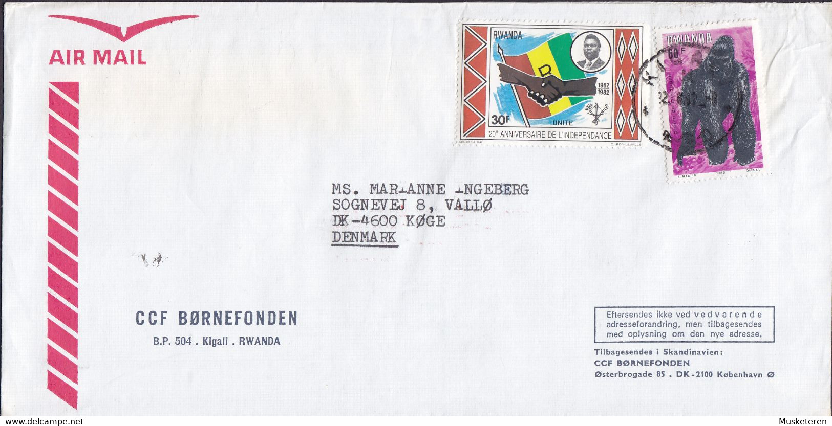 Rwanda Airmail CCF BØRNEFONDEN Deluxe KIGALI 1982? Cover KØGE Denmark Gorilla National Flag - Otros & Sin Clasificación