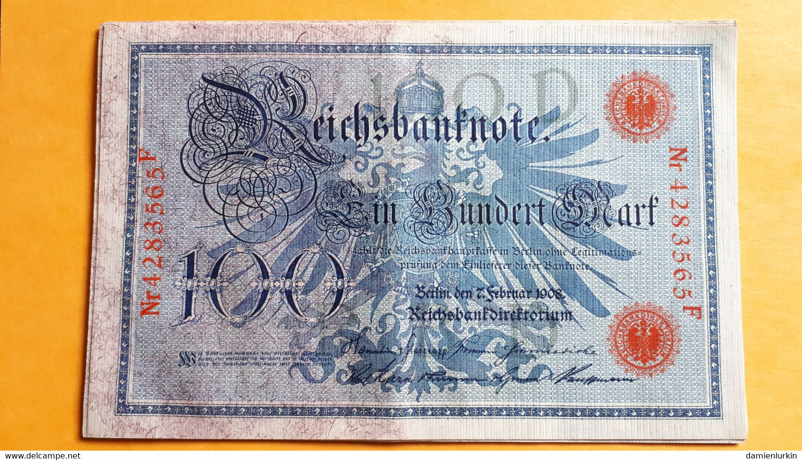 ALLEMAGNE 100 MARK 1908 CACHET ROUGE SERIE DE 9 BILLETS QUI SE SUIVENT SERIE D SUFFIX F  P-33a UNC - 100 Mark