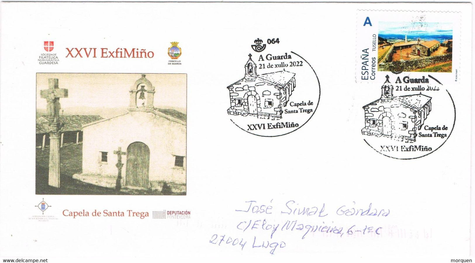 46993. Carta A GUARDA  (Pontevedra) 2022.  Exfimiño TU SELLO, Capilla Sta Trega - Lettres & Documents