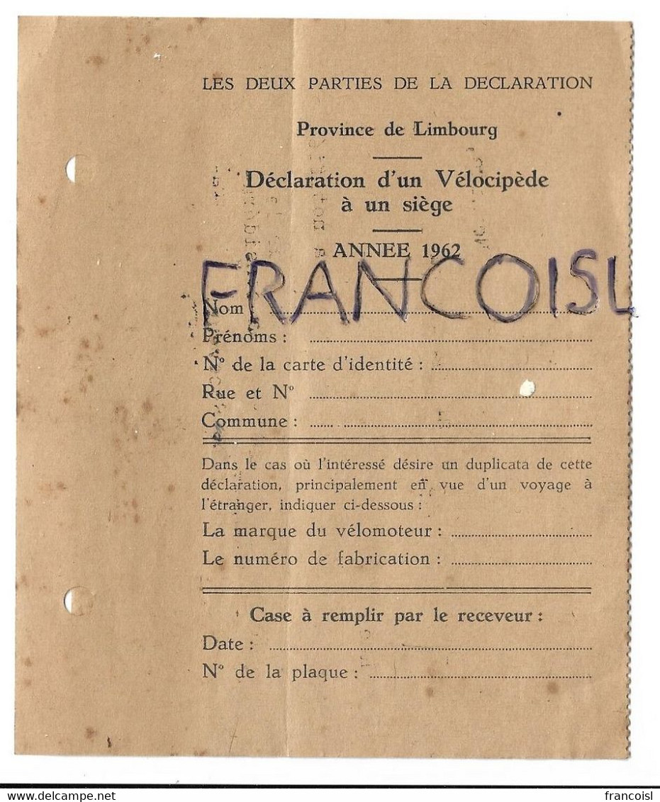 Déclaration D'un Vélocipède à Un Siège. 1962. Province Du Limbourg - Transports