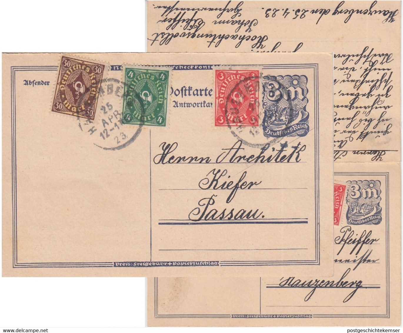 DR-Infla - 3/3 M. Postreiter Ganzsache Doppelkarte+Zusatz Hauzenberg Passau 1923 - Covers & Documents