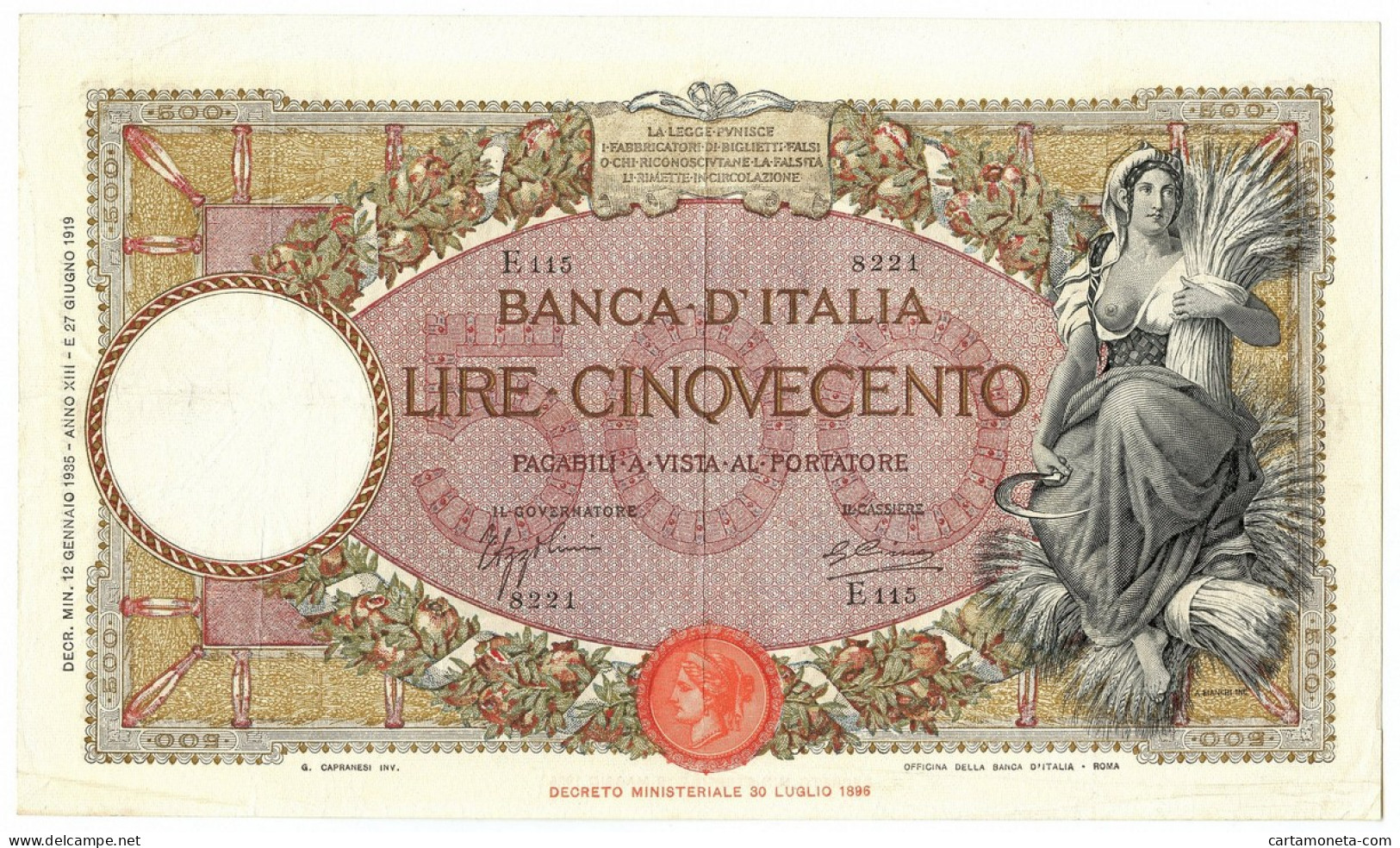 500 LIRE CAPRANESI MIETITRICE TESTINA FASCIO ROMA 12/01/1935 BB/SPL - Regno D'Italia – Other