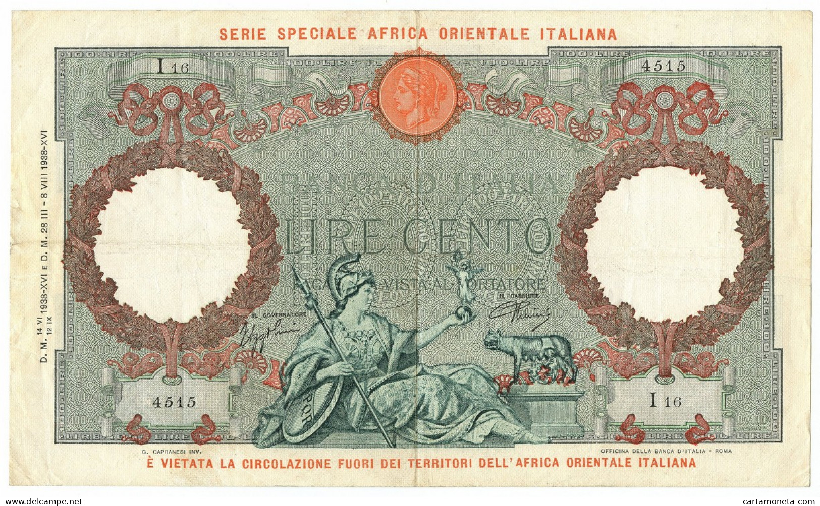 100 LIRE CAPRANESI AQUILA AFRICA ORIENTALE ITALIANA AOI 12/09/1938 BB+ - Africa Oriental Italiana