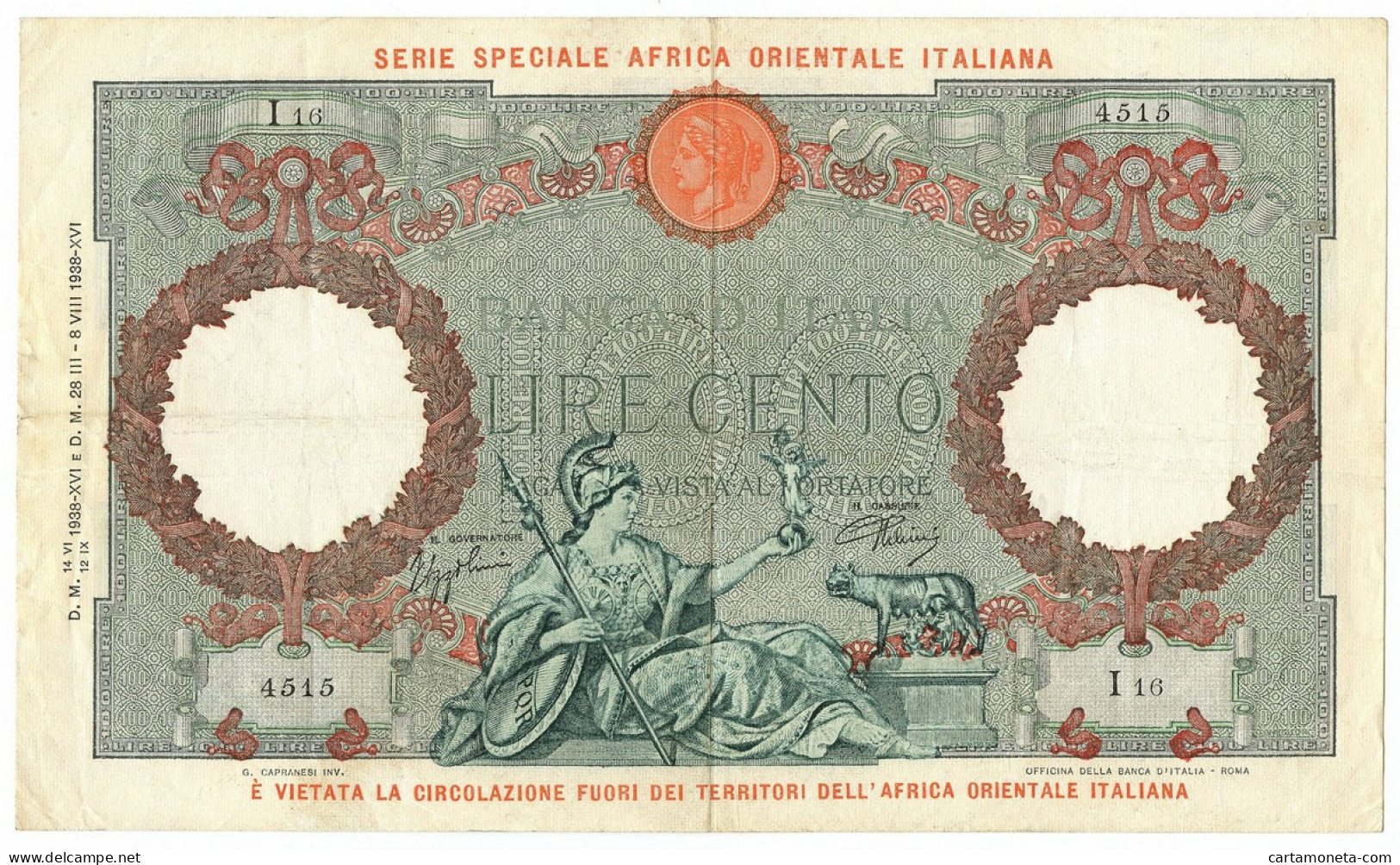 100 LIRE CAPRANESI AQUILA AFRICA ORIENTALE ITALIANA AOI 12/09/1938 BB+ - Italiaans Oost-Afrika