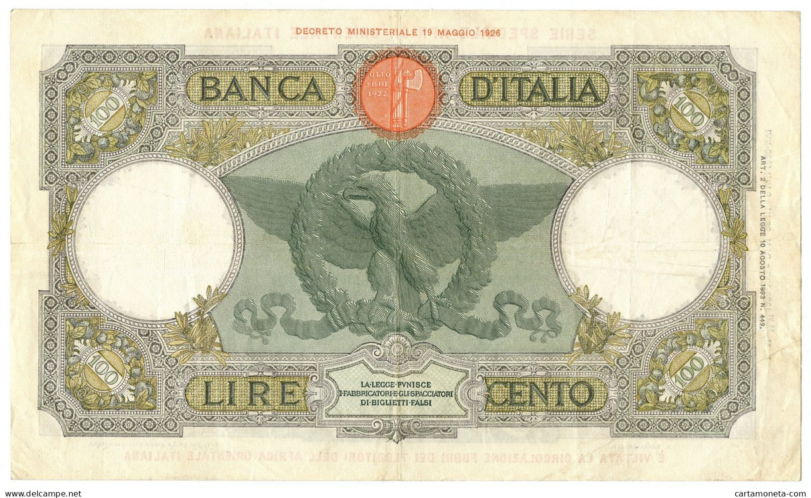 100 LIRE CAPRANESI AQUILA AFRICA ORIENTALE ITALIANA AOI 12/09/1938 BB+ - Italiaans Oost-Afrika