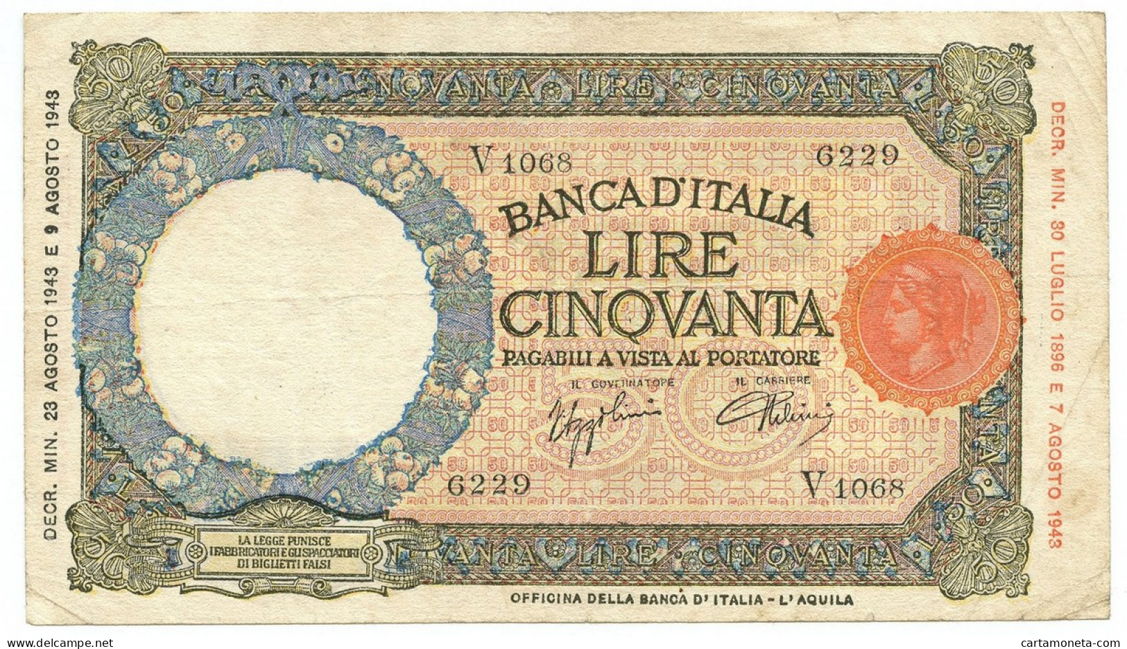 50 LIRE CAPRANESI LUPA CAPITOLINA M. STRETTO BI L'AQUILA 23/08/1943 BB - Regno D'Italia – Other